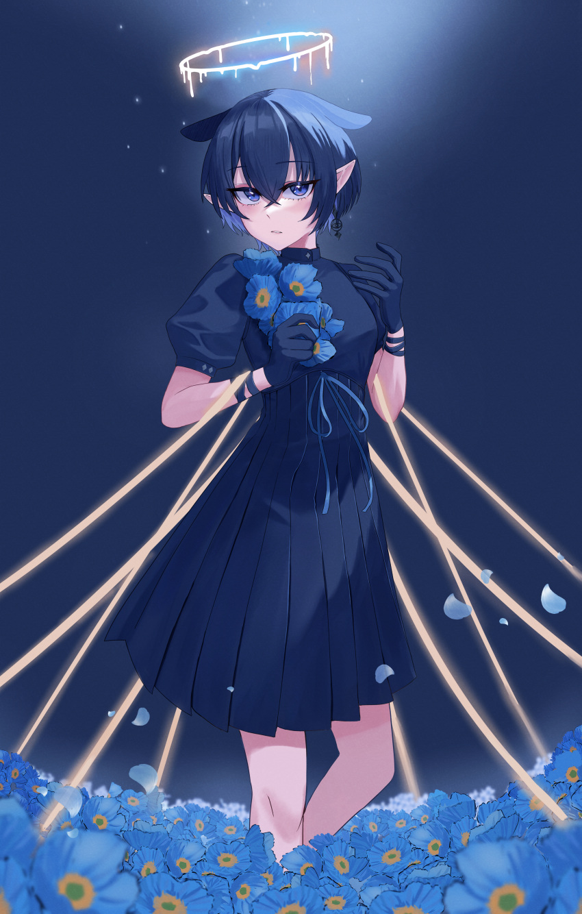 1girl absurdres animal_ears black_dress black_hair blue_eyes blue_flower blush bound chrispy_tuna commentary crossed_bangs dark_background double-parted_bangs dress earrings empire_waist english_commentary field flower flower_field gloves hair_between_eyes halo high_collar highres hololive hololive_english jewelry liquid_halo looking_at_viewer meconopsis_(ninomae_ina'nis) medium_dress melting_halo ninomae_ina'nis official_alternate_costume official_alternate_hair_length official_alternate_hairstyle parted_lips pleated_dress pointy_ears puffy_short_sleeves puffy_sleeves ribbon ribbon_bondage short_hair short_sleeves single_earring solo virtual_youtuber wrist_ribbon