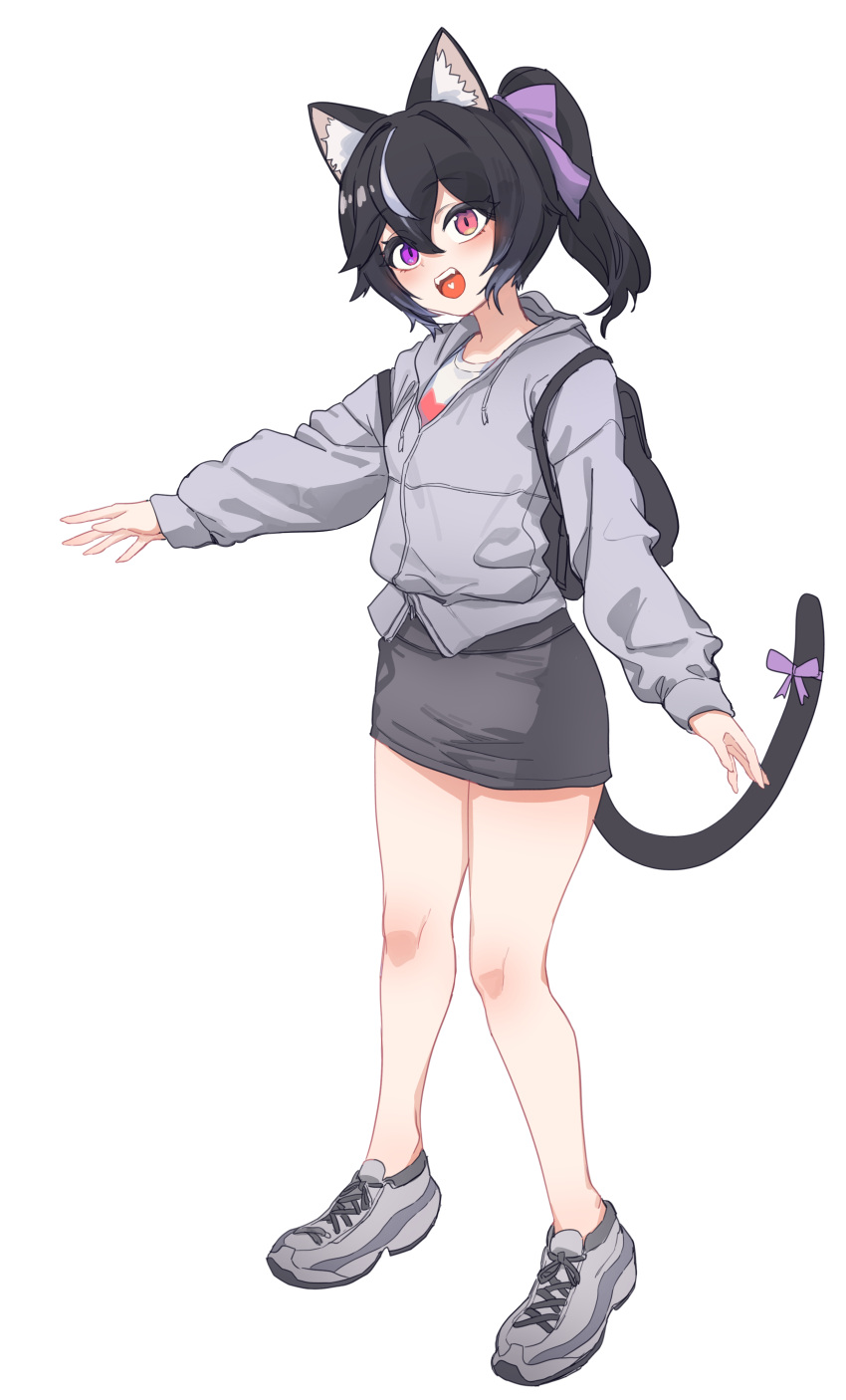 1girl :d absurdres animal_ear_fluff animal_ears aningay backpack bag black_hair blush bow cat_ears cat_girl cat_tail copyright_request drawstring fangs full_body grey_footwear grey_hair grey_jacket grey_skirt hair_between_eyes hair_bow heart heart_in_mouth heterochromia highres hood hood_down hooded_jacket jacket long_sleeves multicolored_hair ponytail puffy_long_sleeves puffy_sleeves purple_bow red_eyes shirt shoes simple_background skirt sleeves_past_wrists smile solo streaked_hair tail teeth upper_teeth_only violet_eyes white_background white_shirt