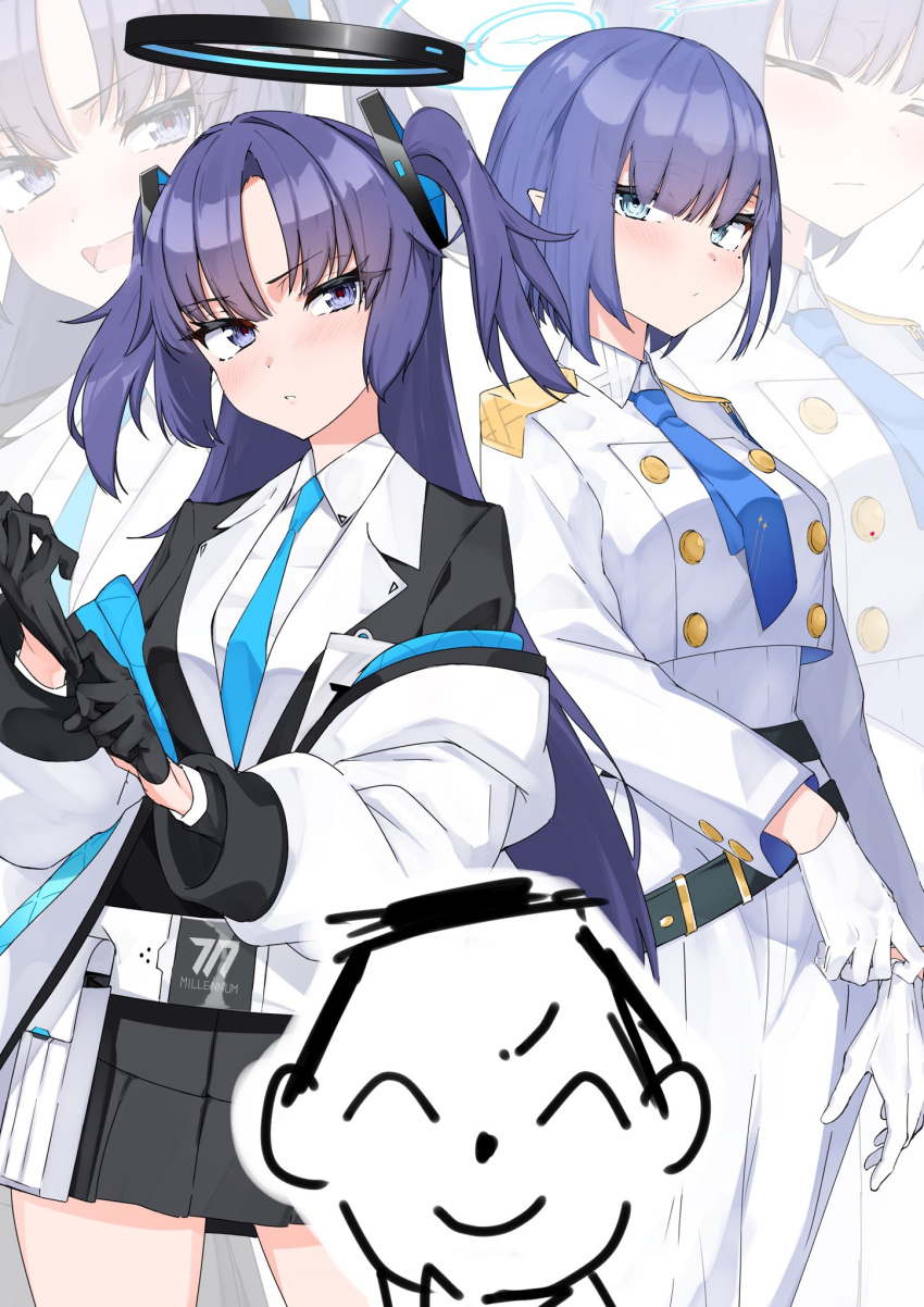 1boy 2girls aoi_(blue_archive) black_halo blue_archive blue_hair blue_halo blue_necktie collared_jacket cropped_jacket doodle_sensei_(blue_archive) gloves halo highres id_card isocha jacket jacket_partially_removed long_skirt mechanical_halo mole mole_under_eye multiple_girls necktie pointy_ears purple_hair ribbed_skirt sensei_(blue_archive) skirt triangle_hair_ornament two-sided_fabric two-sided_jacket two_side_up white_gloves white_jacket white_skirt white_uniform yuuka_(blue_archive)