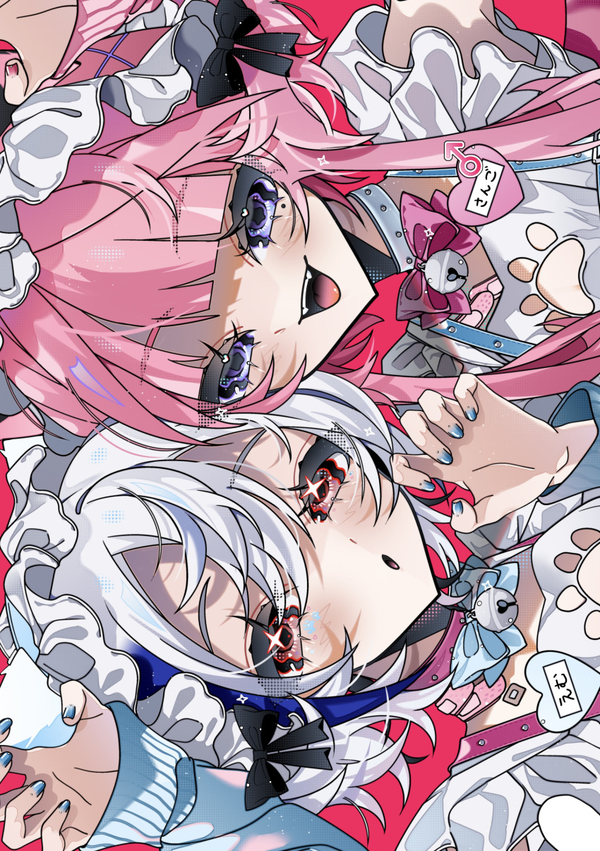 1boy 1girl :d :o bandaid bandaid_on_neck bell blue_bow blue_hair blue_nails bow collar fingernails gradient_hair hair_between_eyes heart highres jingle_bell mars_symbol mole mole_under_eye multicolored_hair nail_polish name_tag neck_bell open_mouth original otoko_no_ko pink_background pink_bow pink_collar pink_hair pink_nails shiozaki_ise short_hair sideways simple_background smile teeth two-tone_hair upper_teeth_only wavy_eyes white_collar white_hair