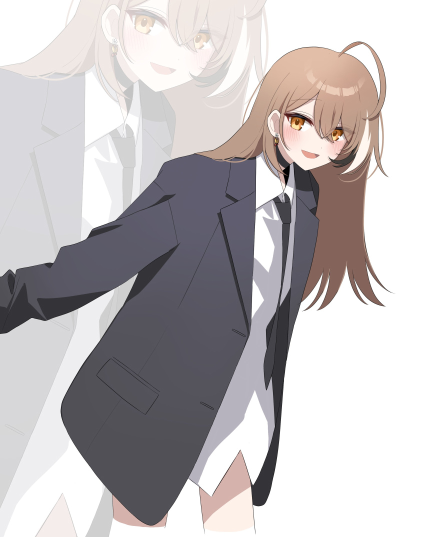 1girl absurdres ahoge alternate_costume black_jacket black_necktie blazer blush brown_eyes brown_hair dress_shirt earrings highres hololive hololive_english jacket jewelry leaning_forward long_hair looking_at_viewer nanashi_mumei necktie no_pants open_clothes open_jacket shirt smile virtual_youtuber white_shirt xx_tk9