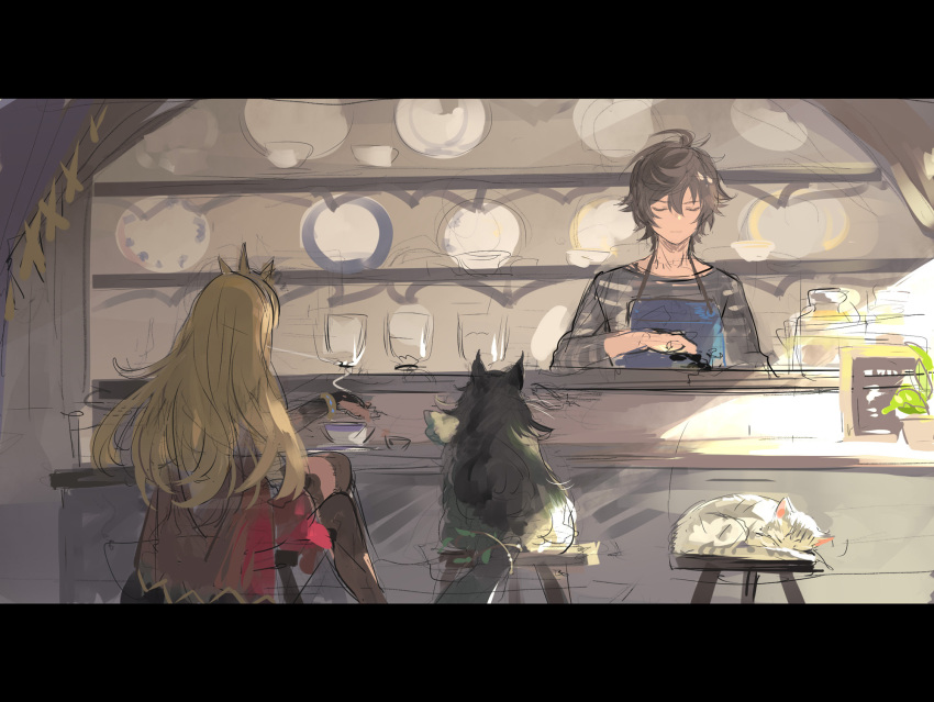 1boy 1girl 2others ahoge apron bishounen blonde_hair brown_hair cafe cagliostro_(granblue_fantasy) cape cat closed_eyes coffee coffee_cup commentary commentary_request cup disposable_cup ewiyar_(granblue_fantasy) from_behind granblue_fantasy hair_between_eyes headband highres long_hair messy_hair multiple_cats multiple_others on_stool osamu_(jagabata) plate red_cape sandalphon_(granblue_fantasy) sandalphon_(server_of_a_sublime_brew)_(granblue_fantasy) scenery shirt short_hair sketch striped_clothes striped_shirt unfinished vertical-striped_clothes vertical-striped_shirt
