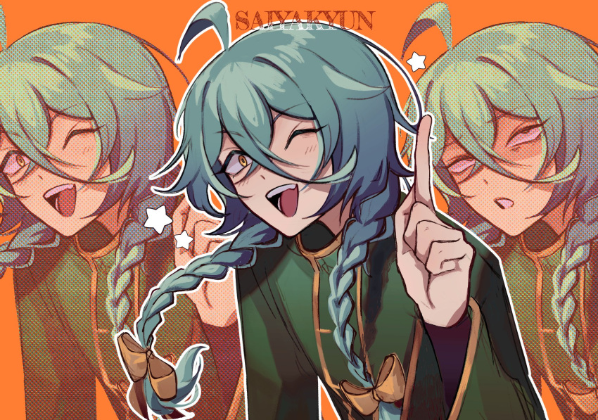 1boy ahoge aqua_hair artist_name ashe_bradley bags_under_eyes bow braid english_commentary green_jacket hair_bow halftone hand_up highres index_finger_raised jacket long_sleeves looking_at_viewer looking_up male_focus one_eye_closed open_mouth orange_background outline saiyakyun shaded_face simple_background small_pupils smile solo star_(symbol) teeth twin_braids upper_teeth_only watermark white_outline witch's_heart yellow_bow yellow_eyes yellow_trim
