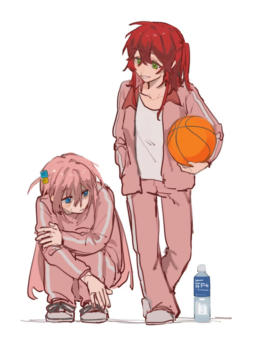 2girls ball basketball_(object) blue_eyes bocchi_the_rock! bottle commentary_request cube_hair_ornament full_body gotoh_hitori green_eyes hair_ornament hand_in_pocket highres holding holding_ball jacket kita_ikuyo lingyi long_hair multiple_girls one_side_up open_clothes open_jacket pants parted_lips pink_hair pink_jacket pink_pants redhead shirt simple_background smile squatting sweatdrop track_jacket white_background white_footwear white_shirt