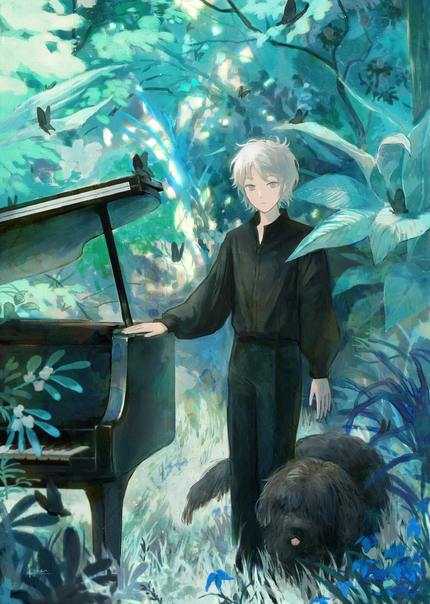 1boy animal black_pants black_shirt bug butterfly closed_mouth collared_shirt day dog expressionless flower forest grand_piano grass grey_eyes grey_hair highres instrument kotorino_mabuta long_sleeves looking_at_viewer male_focus nature original outdoors pants piano plant puffy_long_sleeves puffy_sleeves shirt short_hair solo standing tree white_hair