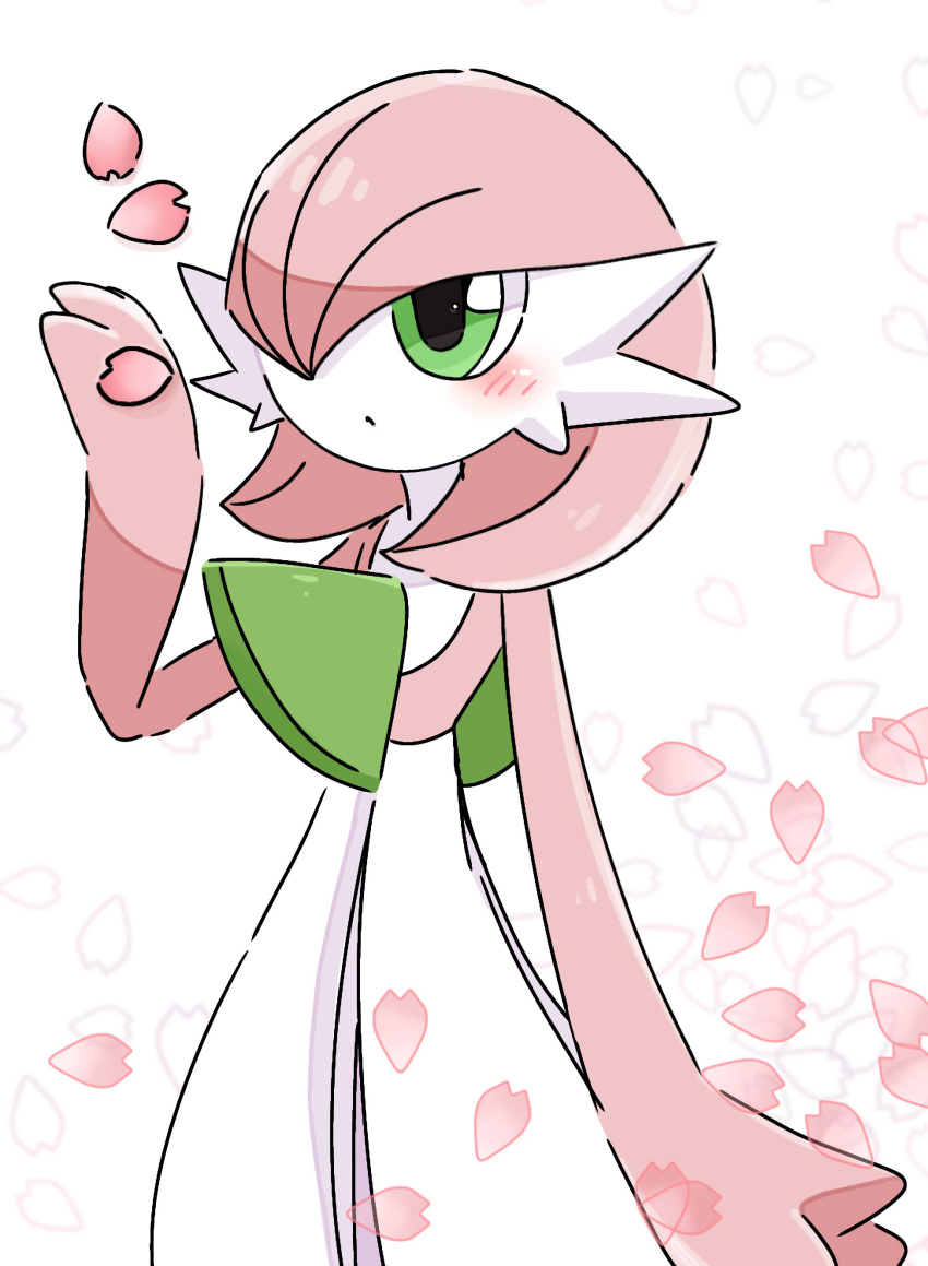 1girl absurdres alternate_color alternate_shiny_pokemon arm_at_side blush bob_cut closed_mouth colored_skin commentary expressionless flat_chest gardevoir green_eyes hair_over_one_eye hand_up highres holding holding_petal looking_up multicolored_skin one_eye_covered petals pink_hair pink_skin pokemon pokemon_(creature) short_hair solo standing suzu_(pixiv_32232702) two-tone_skin white_background white_skin