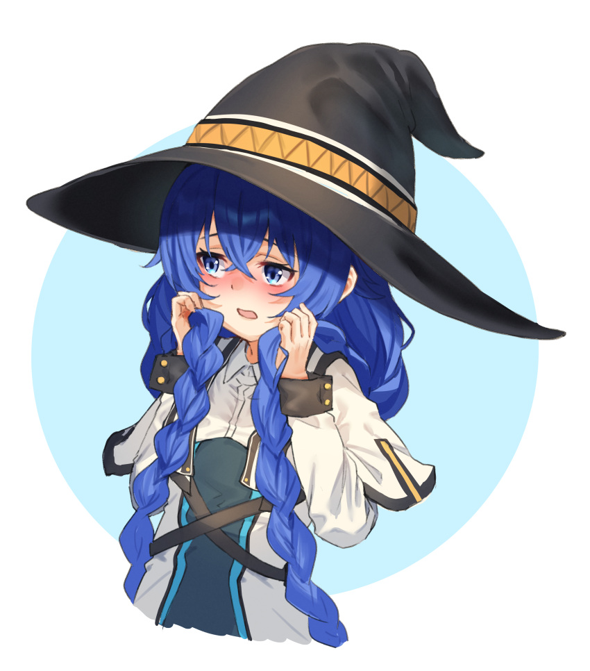 1girl absurdres averting_eyes black_hat blue_eyes blue_hair blush braid capelet cropped_torso eyebrows_hidden_by_hair flat_chest full-face_blush grey_shirt hair_between_eyes hand_in_own_hair hat highres jacket large_hat long_hair m.tokotsu mushoku_tensei open_mouth roxy_migurdia shirt simple_background solo twin_braids very_long_hair white_capelet white_jacket witch_hat