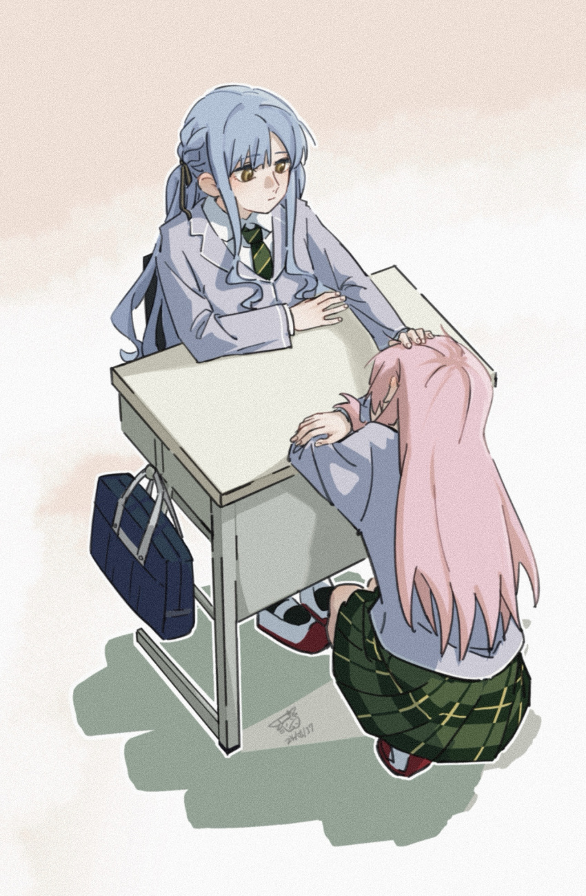 2girls bag bang_dream! bang_dream!_it's_mygo!!!!! blue_hair braid chihaya_anon closed_mouth collared_shirt commentary dated_commentary desk french_braid gradient_background green_necktie green_skirt grey_jacket hand_on_another's_head hanemi haneoka_school_uniform head_on_arm headpat highres jacket long_hair long_sleeves looking_at_another multiple_girls necktie pink_background pink_hair plaid plaid_skirt pleated_skirt school_bag school_desk school_uniform shirt sitting skirt squatting togawa_sakiko white_background white_shirt yellow_eyes