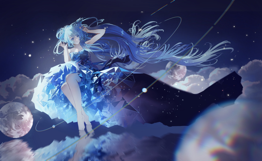 1girl absurdly_long_hair absurdres armpits bare_legs bare_shoulders barefoot blue_dress blue_eyes blue_hair blue_theme blurry breasts closed_mouth clouds collarbone commentary dress floating_hair full_body hair_between_eyes hands_up hatsune_miku highres long_hair looking_to_the_side moon night night_sky outdoors reflection sidelocks sitting sky sleeveless sleeveless_dress smile solo star_(sky) strapless strapless_dress tensen_men twintails very_long_hair vocaloid water