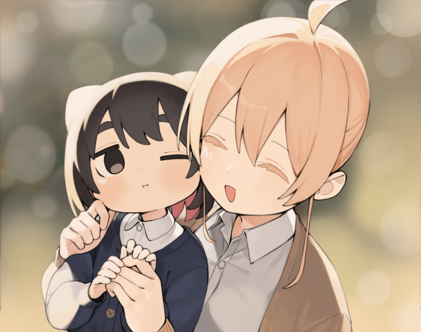 2girls :d ;i ^_^ absurdres ahoge black_hair black_jacket blonde_hair blurry blurry_background blush brown_eyes brown_jacket closed_eyes closed_mouth collared_shirt colored_eyelashes commentary_request depth_of_field dress_shirt hair_between_eyes highres jacket long_sleeves multiple_girls neko_to_chiyo one_eye_closed open_clothes open_jacket puffy_long_sleeves puffy_sleeves seramikku shirt smile upper_body white_shirt