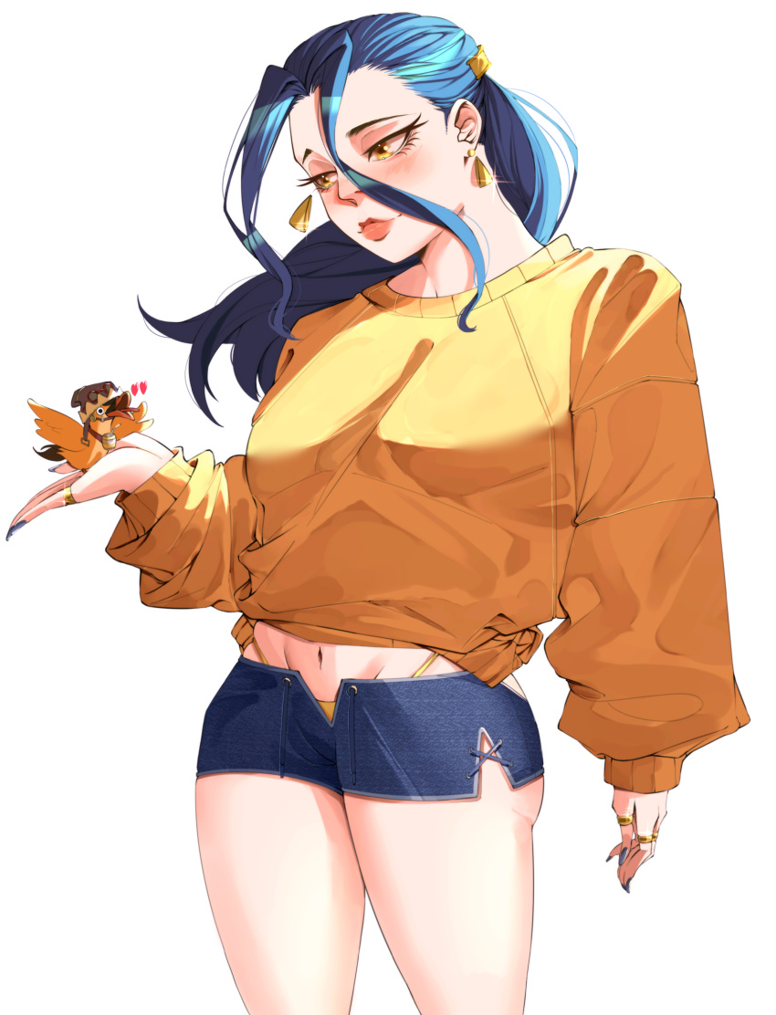 1girl absurdres black_hair blue_hair blush breasts denim earrings hair_behind_ear hair_ornament highres holding jewelry jobin_chan long_hair long_sleeves looking_at_viewer midriff nail_polish navel nefertari_vivi one_piece open_mouth original pixiv ring shirt short_shorts shorts simple_background solo sweater underwear white_background yellow_eyes