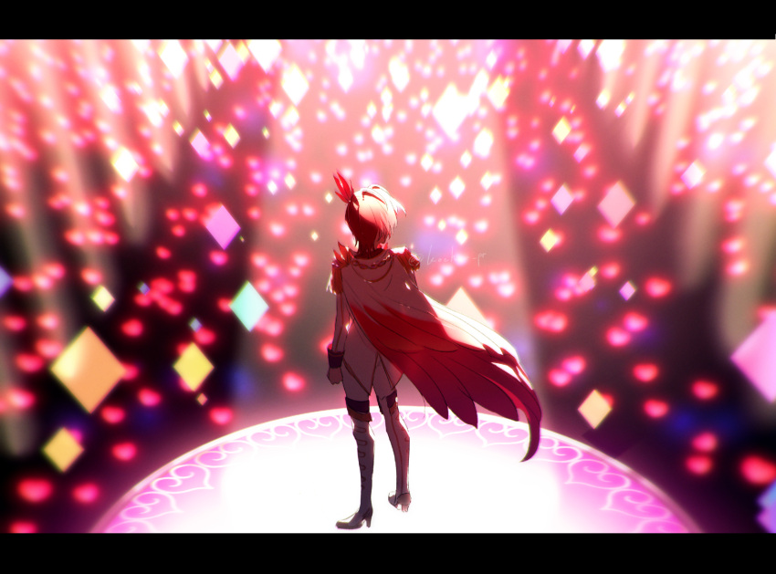 1girl audience backlighting boots cape epaulettes facing_away from_above from_behind full_body high_heel_boots high_heels highres idol jacket ko_(kochan_pr) letterboxed long_sleeves pants pretty_series redhead short_hair solo spotlight stage standing sumeragi_amane sumeragi_amane_(pretty_series) sumeragi_amane_(pretty_series)_(primagista) waccha_primagi! white_footwear white_jacket white_pants