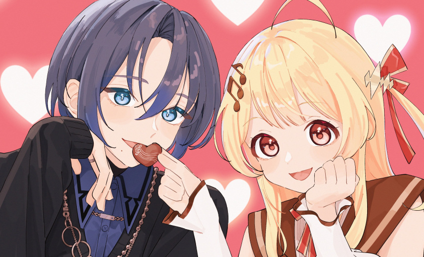 2girls ahoge black_sweater blonde_hair blue_eyes blue_hair blue_shirt brown_sailor_collar chocolate collared_shirt hair_ornament hair_ribbon hand_on_own_face heart highres hiodoshi_ao hololive hololive_dev_is jewelry looking_at_viewer mole mole_under_mouth multiple_girls musical_note musical_note_hair_ornament necklace open_mouth otonose_kanade pink_eyes ribbon sailor_collar shirt short_hair simple_background smile sweater virtual_youtuber white_sweater yuri_yutaka