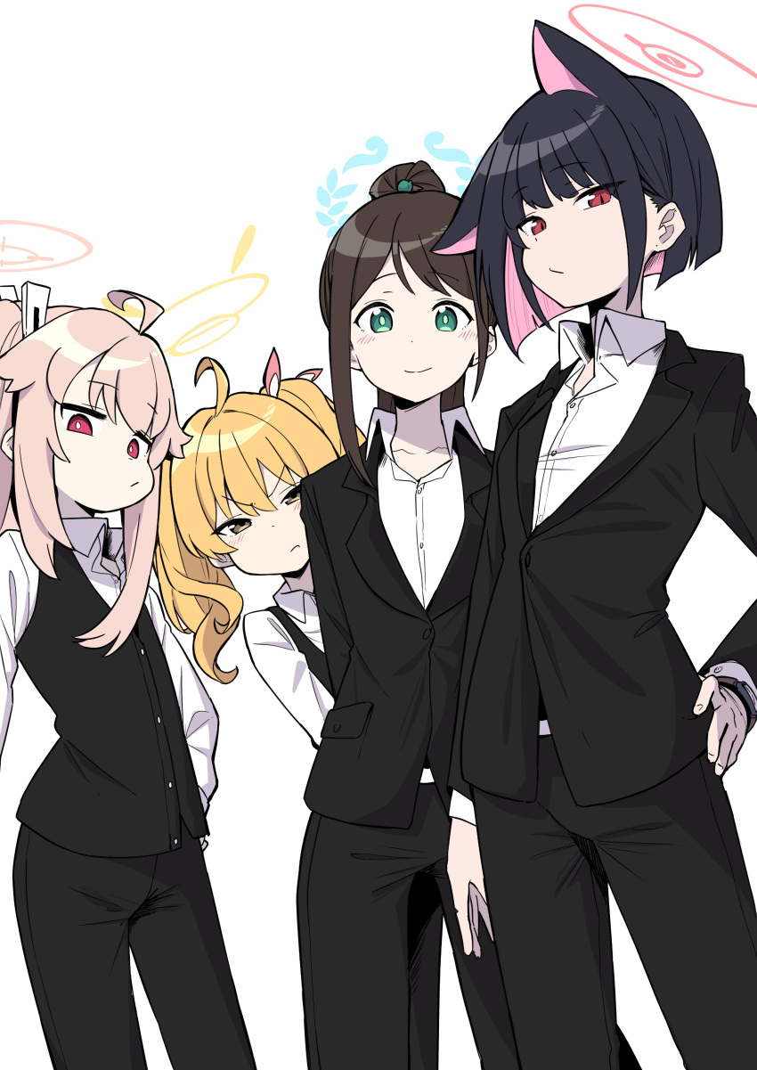 4girls absurdres after-school_sweets_club_(blue_archive) ahoge airi_(blue_archive) animal_ears black_hair black_suit blonde_hair blue_archive brown_eyes brown_hair cat_ears colored_inner_hair ggaebchun green_eyes halo highres kazusa_(blue_archive) multicolored_hair multiple_girls natsu_(blue_archive) pink_eyes pink_hair ponytail shirt smile suit twintails white_background white_shirt yoshimi_(blue_archive)