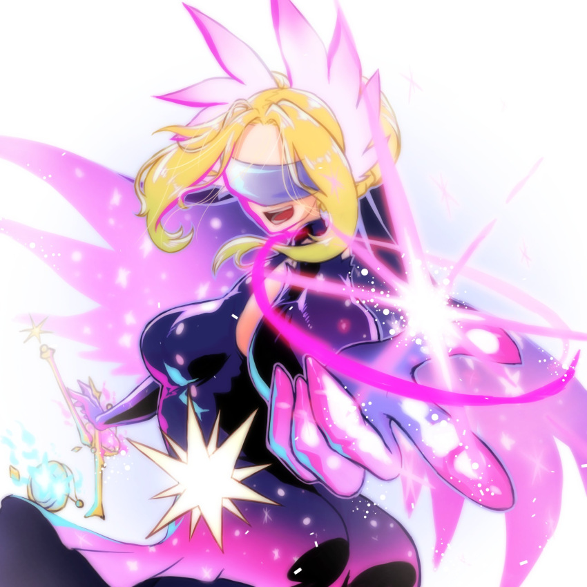 ass black_dress blindfold blonde_hair breasts cowboy_shot digimon dress from_behind gerusyu head_wings highres large_breasts long_hair looking_at_viewer looking_back open_mouth original simple_background smile teeth tongue white_background wings