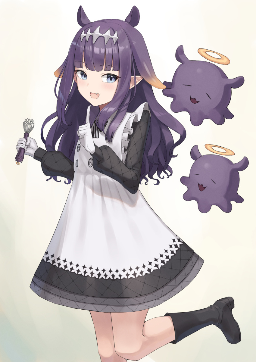 1girl apron black_dress black_footwear blush boots dress fang gloves grey_eyes highres holding holding_whisk hololive hololive_english long_hair looking_at_viewer ninomae_ina'nis ninomae_ina'nis_(6th_costume) official_alternate_costume open_mouth pointy_ears purple_hair smile takodachi_(ninomae_ina'nis) tentacle_hair vakuuberi virtual_youtuber whisk white_apron white_gloves