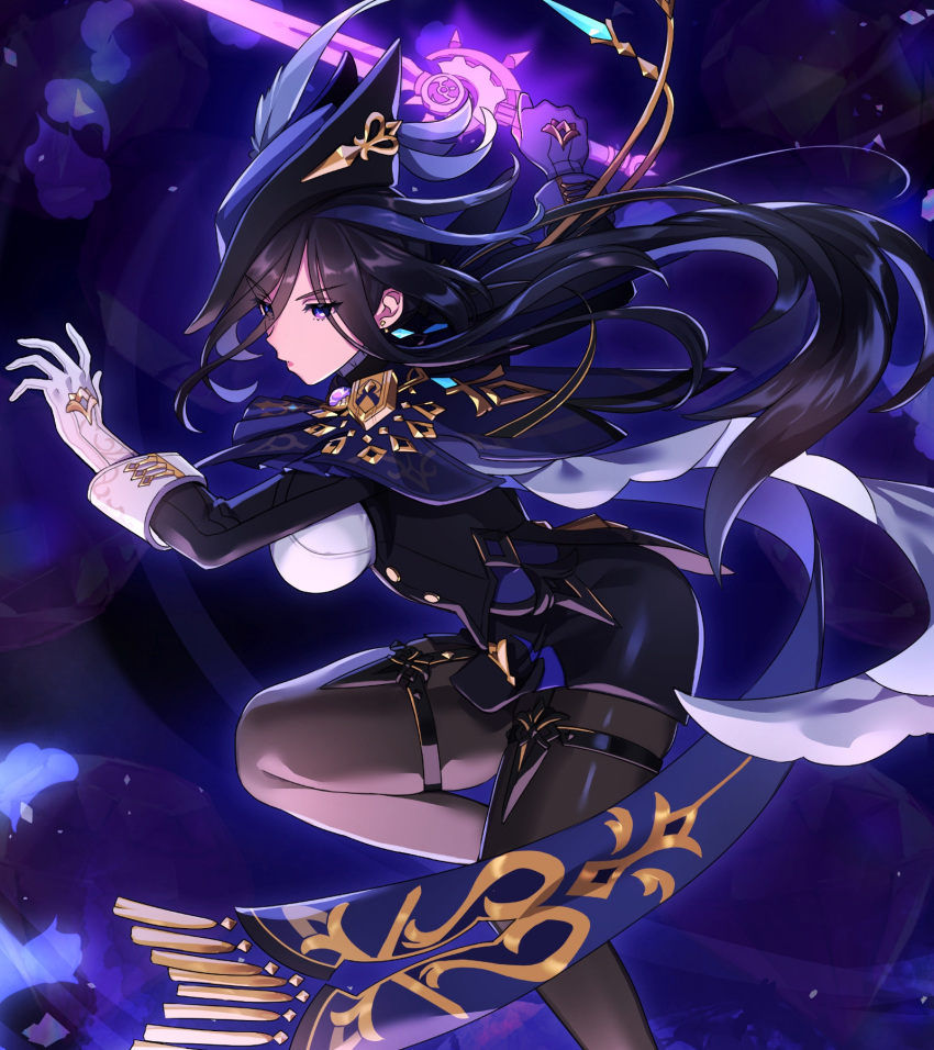 1girl black_pantyhose black_skirt blue_hair clorinde_(genshin_impact) dark_blue_hair floating_hair from_side genshin_impact gloves hair_between_eyes high-waist_skirt highres holding holding_sword holding_weapon lllkalllwalll long_hair long_sleeves looking_at_viewer pantyhose parted_lips skirt solo sword thigh_strap violet_eyes weapon white_gloves