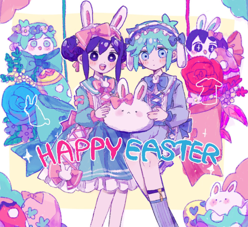 1boy 1girl alternate_costume aubrey_(headspace)_(omori) aubrey_(omori) basil_(headspace)_(omori) basil_(omori) blue_eyes bow easter_egg egg forest_bunny_(omori) green_hair hair_bow happy_easter highres long_sleeves looking_at_viewer mugi062 omori open_mouth pink_bow purple_hair short_hair teeth upper_teeth_only violet_eyes