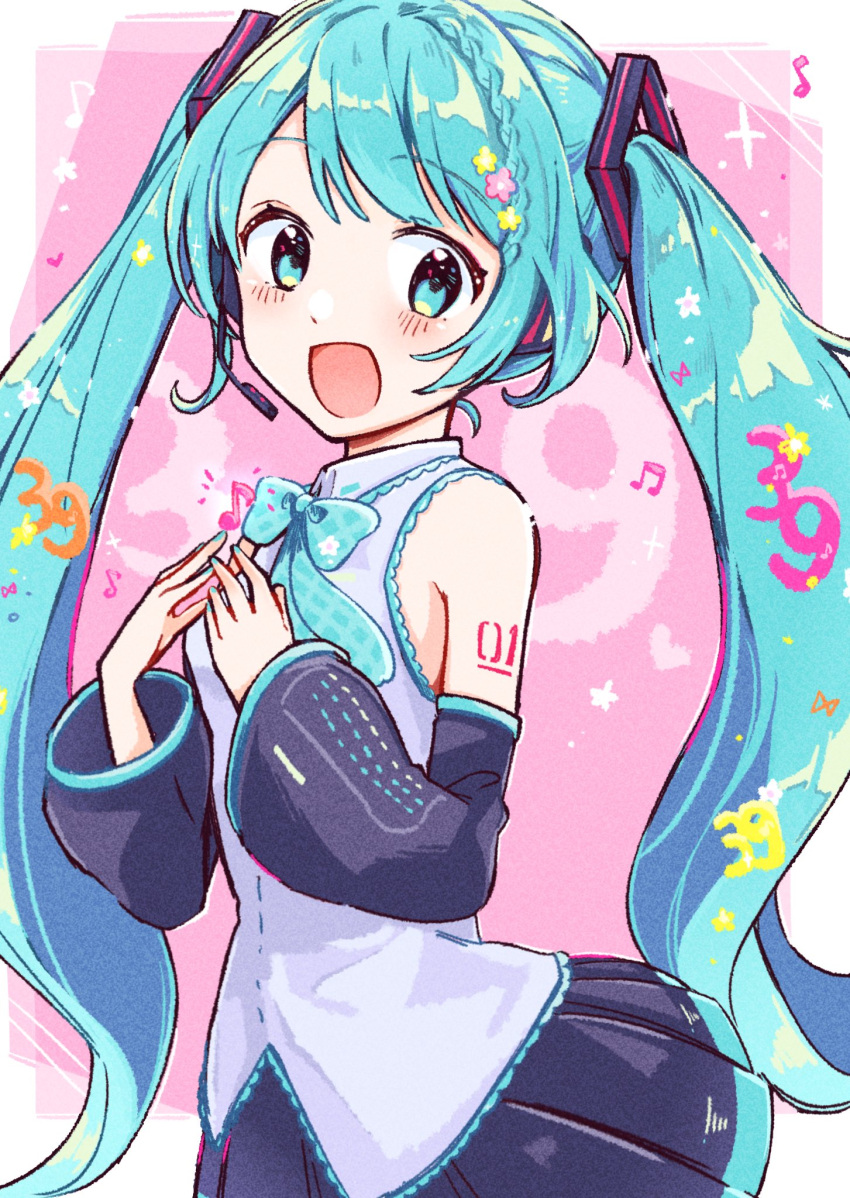 1girl 39 :d aoiyui bare_shoulders black_skirt black_sleeves blue_bow blue_bowtie blue_eyes blue_hair blue_nails blush border bow bowtie collared_shirt cowboy_shot detached_sleeves dot_nose frilled_shirt frills hatsune_miku headset highres long_hair long_sleeves looking_at_viewer microphone miniskirt nail_polish number_tattoo open_mouth own_hands_together parted_bangs pleated_skirt shirt skirt sleeveless sleeveless_shirt smile solo tattoo twintails very_long_hair vocaloid white_border white_shirt