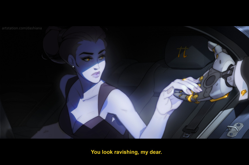 1boy 1girl absurdres black_dress black_hair blue_skin car_interior closed_mouth colored_skin cuff_links dashiana dress earrings gold_ring hair_bun highres holding_hands jewelry lips long_hair maximilen_(overwatch) official_alternate_costume out_of_frame overwatch purple_lips sitting solo_focus talking widowmaker_(overwatch) yellow_eyes