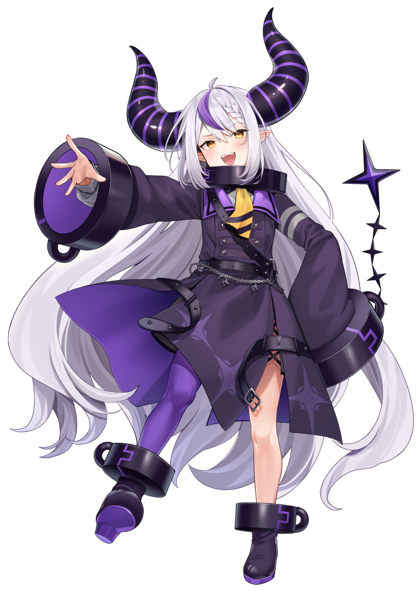 1girl absurdres ahoge black_dress black_footwear demon_girl demon_horns dress fang full_body grey_hair highres hololive horns la+_darknesss long_hair long_sleeves looking_at_viewer multicolored_hair open_mouth pointy_ears purple_hair purple_thighhighs simple_background single_thighhigh slit_pupils smile solo standing streaked_hair teeth thigh-highs upper_teeth_only usushio very_long_hair virtual_youtuber white_background wide_sleeves yellow_eyes