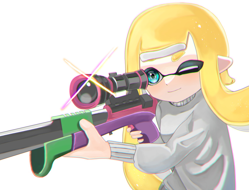 1girl absurdres blonde_hair blue_eyes closed_mouth commentary glint grey_sweater gun highres holding holding_gun holding_weapon inkling inkling_girl inkling_player_character long_hair negi_kobito one_eye_closed pointy_ears scope simple_background smile solo splat_charger_(splatoon) splatoon_(series) sweater symbol-only_commentary tentacle_hair thick_eyebrows upper_body weapon white_background