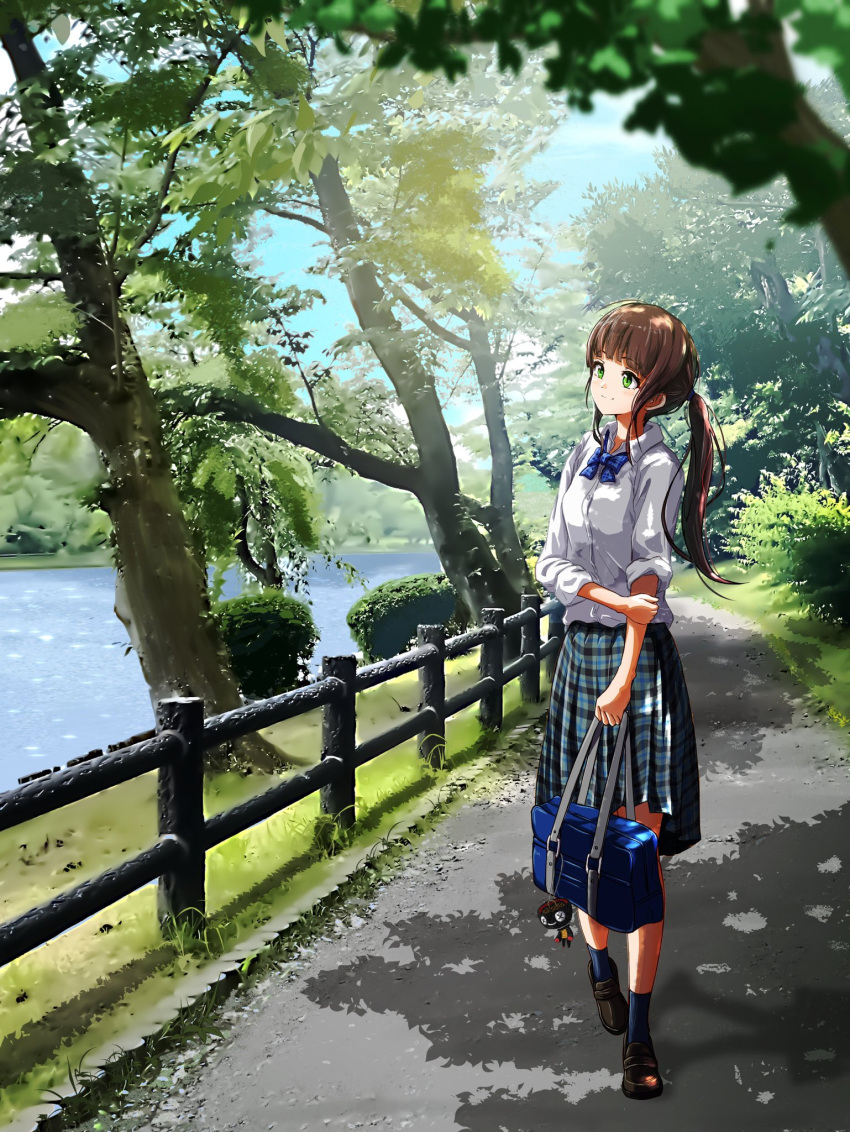 1girl bag bag_charm black_skirt blue_bag blue_bow blue_bowtie blue_skirt blue_socks bow bowtie brown_footwear brown_hair bush charm_(object) day fence full_body green_eyes highres holding holding_bag ichiha_t iwate_prefecture loafers long_hair looking_to_the_side original outdoors park pleated_skirt ponytail road shadow shirt shoes skirt sky socks solo tree two-tone_skirt walking water white_shirt