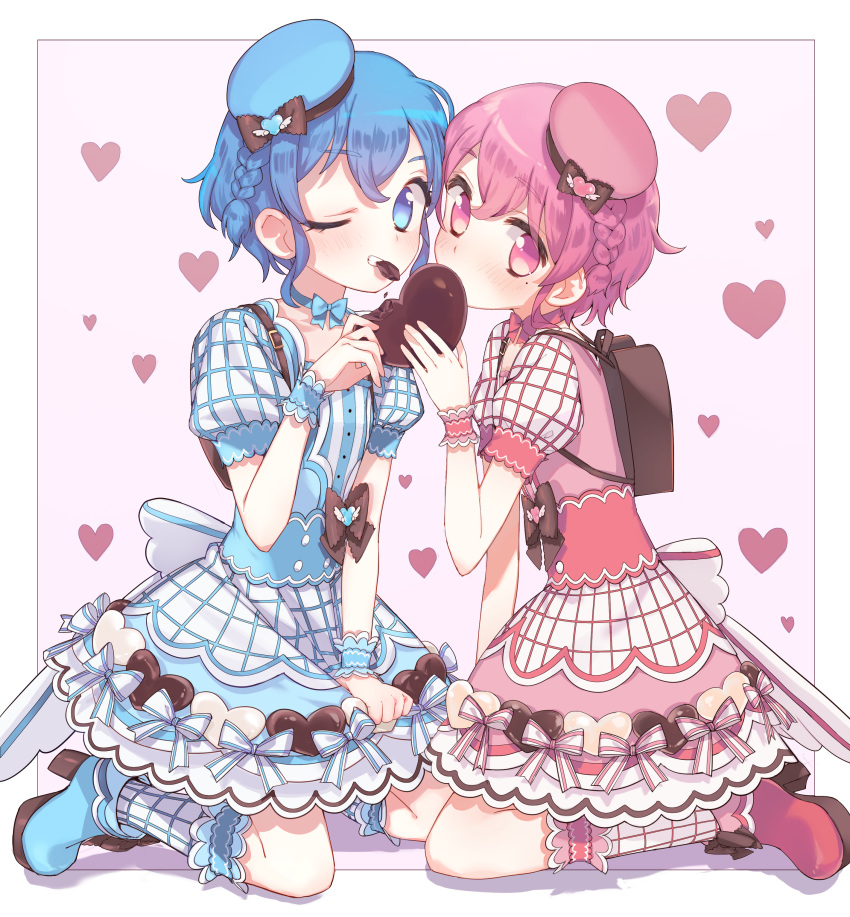 1boy 1girl absurdres backpack bad_id bad_pixiv_id bag biting blue_dress blue_eyes blue_footwear blue_hair blue_hat blush boots border braid brother_and_sister candy chocolate covered_mouth crossdressing dorothy_west dress food full_body hand_up hat heart heart-shaped_chocolate heath_(artist) high_heel_boots high_heels highres holding holding_chocolate holding_food kneeling looking_at_viewer mini_hat mole mole_under_eye one_eye_closed open_mouth otoko_no_ko pink_background pink_dress pink_eyes pink_footwear pink_hair pink_hat pink_socks plaid plaid_dress pretty_series pripara puffy_short_sleeves puffy_sleeves reona_west short_hair short_sleeves siblings side_braid smile socks twins valentine white_border