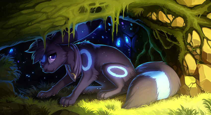 1other animal_focus black_fur blue_eyes facial_mark fluffy forehead_mark forest glowing grass hioshiru-alter looking_at_viewer moss nature no_humans pokemon pokemon_(creature) rock tree umbreon