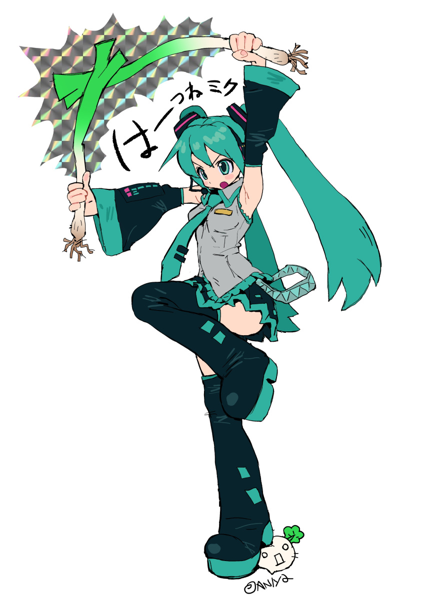 1girl :o absurdres aqua_eyes aqua_hair aqua_necktie arm_up artist_name belt blue_footwear blue_skirt blush_stickers boots collared_shirt detached_sleeves dual_wielding food frilled_shirt frills full_body grey_belt grey_shirt hair_ornament hatsune_miku headset highres holding holding_food holding_spring_onion holding_vegetable knee_boots long_hair loose_belt miniskirt necktie open_mouth outstretched_arm pleated_skirt shirt simple_background skirt sleeveless sleeveless_shirt solo spoewxer69 spring_onion standing standing_on_one_leg tie_clip translation_request twintails v-shaped_eyebrows vegetable vocaloid white_background
