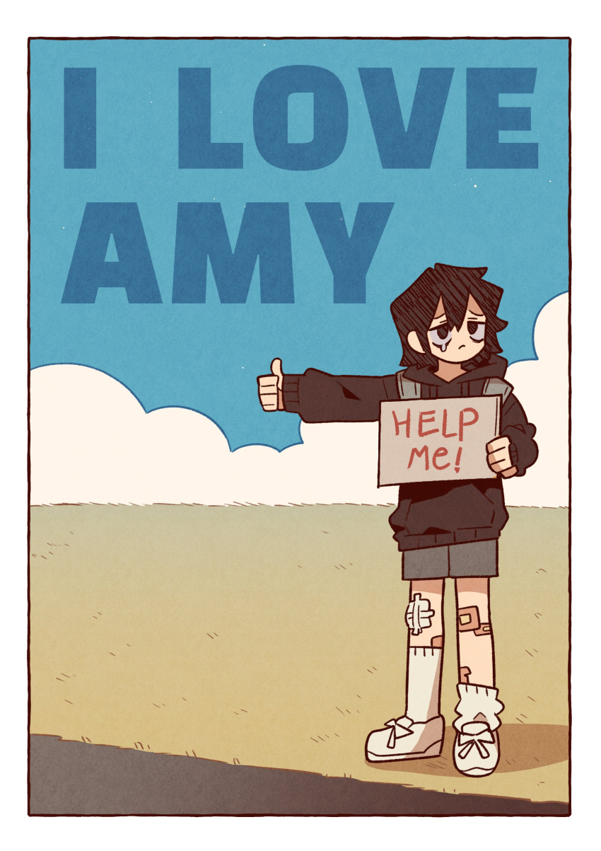 1girl absurdres amelia_lee bandaid bandaid_on_leg black_eyes black_hair black_hoodie blue_sky clouds copyright_name day english_text grey_shorts highres hitchhiking holding holding_sign hood hoodie i_love_amy long_sleeves looking_at_viewer medium_hair outdoors shadow shoes shorts sign sky socks solo teardrop unn1666 white_footwear white_socks wide_shot
