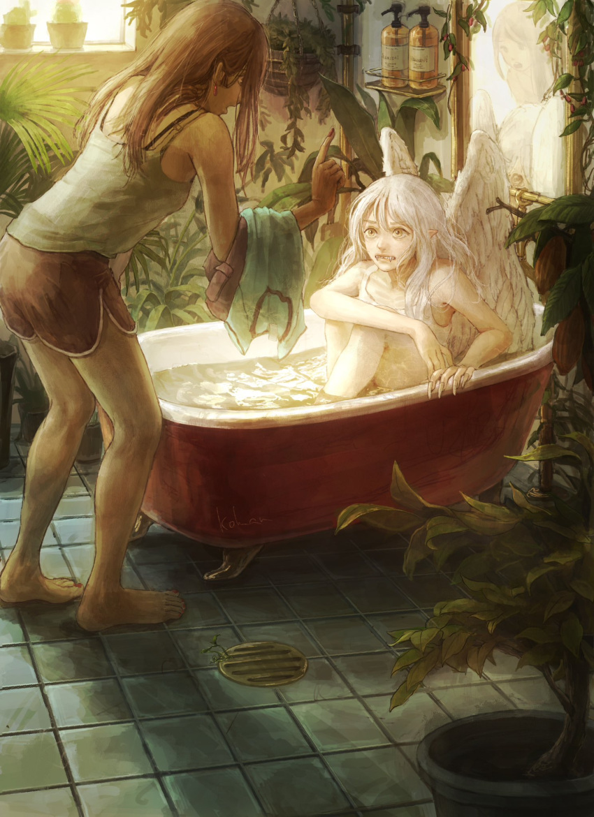 1girl 1other androgynous bare_arms bare_legs bare_shoulders barefoot bath bathroom bathtub bra_strap breasts brown_hair camisole clenched_teeth day dolphin_shorts drain_(object) earrings fangs fangs_out feathered_wings fingernails from_side hanging_plant highres index_finger_raised indoors jewelry knees_up kotorino_mabuta long_fingernails long_hair mirror nail_polish original partially_submerged plant potted_plant red_nails red_shorts reflection scared scolding shampoo_bottle sharp_fingernails shorts sitting small_breasts standing tank_top teeth tile_floor tiles unworn_clothes vines water white_camisole white_hair white_tank_top white_wings window wings