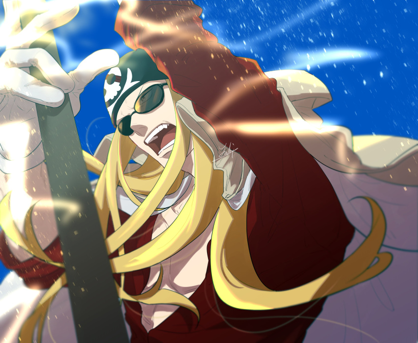 1boy absurdres black-framed_eyewear blonde_hair commentary_request gloves hat highres holding holding_weapon limejuice_(one_piece) long_hair male_focus one_piece open_mouth outdoors signature solo sunglasses teeth weapon white_gloves yu_t1214