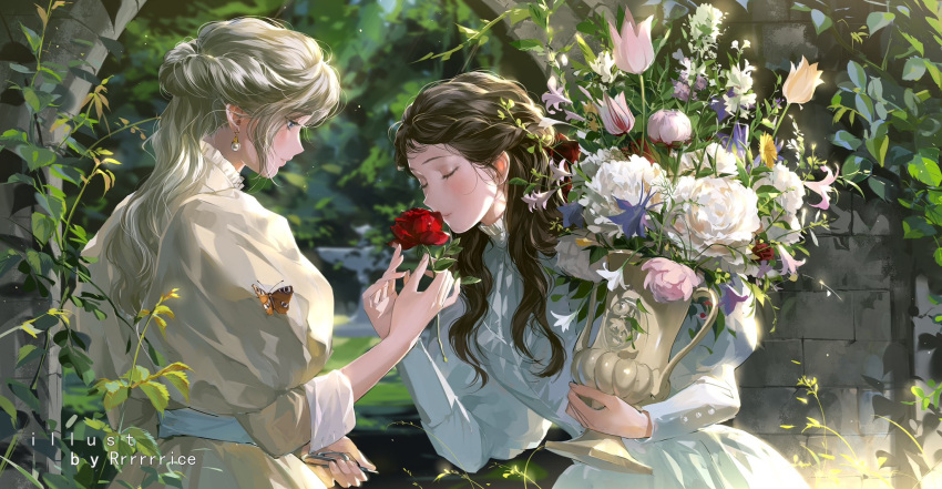 2girls artist_name blue_eyes blurry blush brown_dress bug butterfly closed_eyes closed_mouth commentary day depth_of_field dress earrings english_commentary flower half_updo highres holding holding_flower holding_vase jewelry juliet_sleeves long_hair long_sleeves multiple_girls original outdoors puffy_sleeves red_flower red_rose rose rrr_(reason) smelling_flower sunlight upper_body white_dress yuri