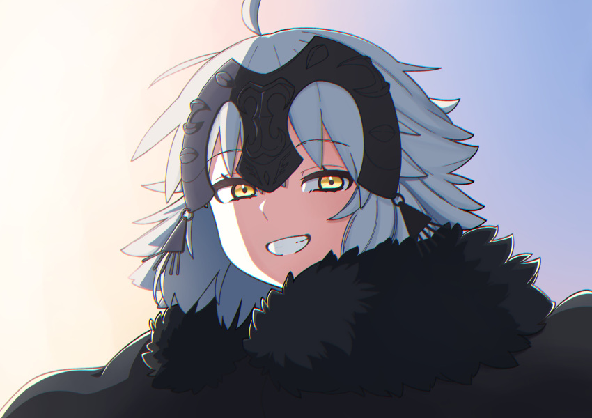 1girl absurdres ahoge black_cape cape commentary_request fate/grand_order fate_(series) fur-trimmed_cape fur_trim grey_hair grin headpiece highres jeanne_d'arc_alter_(avenger)_(fate) jeanne_d'arc_alter_(avenger)_(first_ascension)_(fate) jeanne_d'arc_alter_(fate) looking_at_viewer nonoitou110 short_hair smile solo teeth yellow_eyes