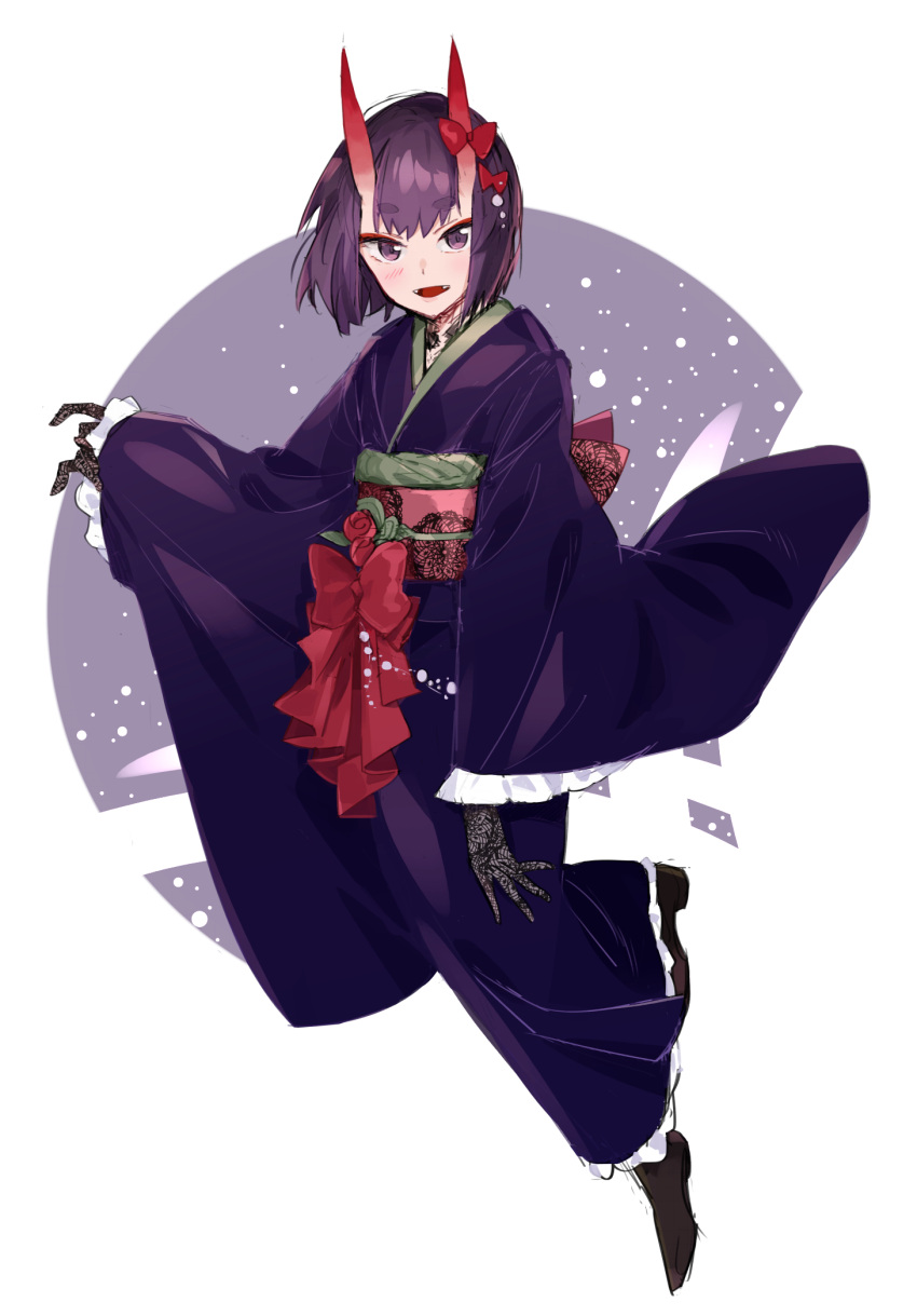 1girl blush bow brown_footwear eyeliner fate/grand_order fate_(series) floating full_body highres horns japanese_clothes kimono long_sleeves looking_at_viewer makeup obi oni parted_lips purple_hair purple_kimono red_bow red_eyeliner sash shironojiro short_hair shuten_douji_(fate) simple_background smile solo violet_eyes wide_sleeves