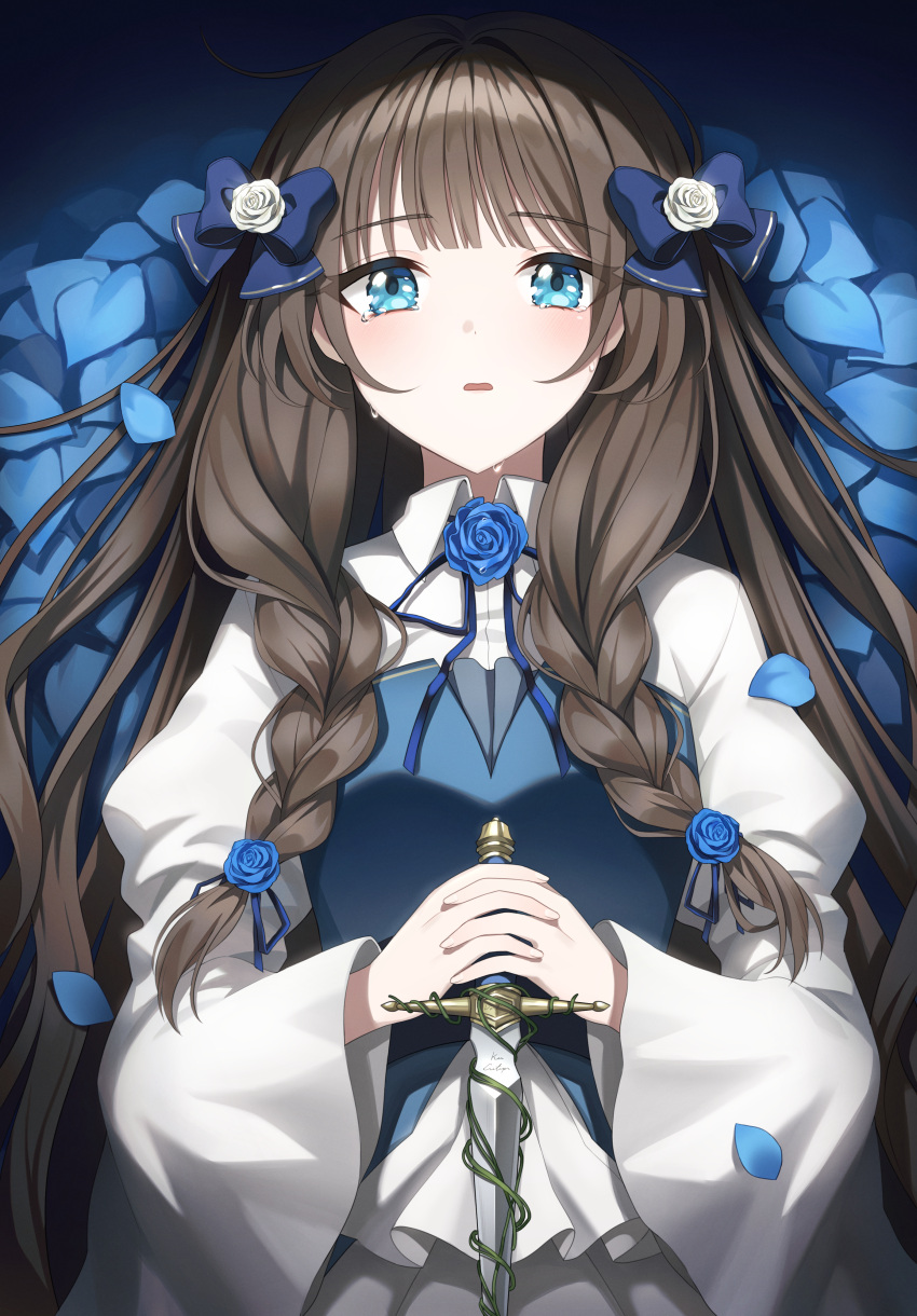1girl absurdres aqua_eyes blue_bow blue_flower blue_petals blue_ribbon blue_rose bodice bow braid brooch brown_hair collared_shirt dagger dot_nose flower frilled_shirt frills from_above hair_bow hair_flower hair_ornament hair_ribbon hara_(xper8243) highres holding holding_dagger holding_knife holding_weapon jewelry juliet_sleeves knife long_hair long_sleeves looking_at_viewer low_twin_braids lying neck_ribbon on_back original parted_lips petals puffy_sleeves ribbon rose rose_petals shirt sidelocks tearing_up tears twin_braids upper_body very_long_hair weapon white_shirt