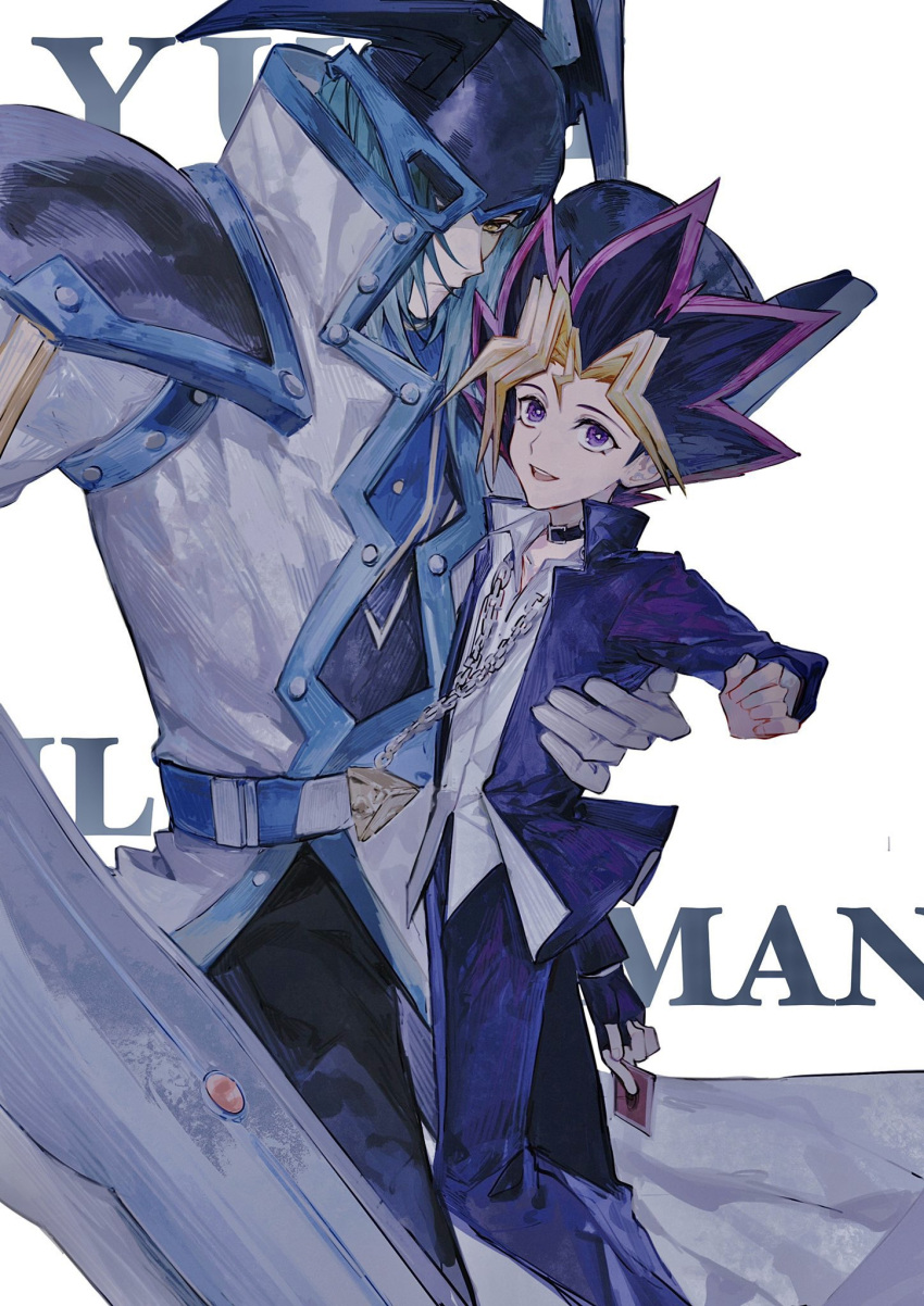 2boys arm_up armor bad_id bad_lofter_id belt black_hair black_helmet black_pants blonde_hair blue_belt blue_hair blue_jacket blue_pants bright_pupils card chain_necklace character_name coat collar domino_high_school_uniform duel_monster expressionless fingerless_gloves gloves hand_on_another's_back happy height_difference high_collar highres holding holding_card holding_sword holding_weapon jacket jewelry long_hair male_focus millennium_puzzle multicolored_hair multiple_boys muto_yugi naoki_(2rzmcaizerails6) necklace open_clothes open_coat open_jacket open_mouth pants pauldrons purple_hair school_uniform shirt shoulder_armor silent_swordsman single_fingerless_glove smile spiked_helmet sword teeth trading_card upper_body upper_teeth_only violet_eyes weapon white_background white_coat white_shirt yellow_eyes yu-gi-oh! yu-gi-oh!_duel_monsters