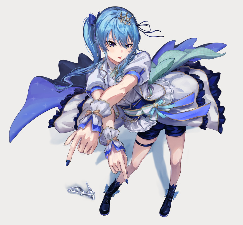 absurdres blue_eyes blue_footwear blue_hair blue_nails blue_ribbon blue_shorts boots full_body hair_between_eyes hair_ornament hair_ribbon hairclip highres hololive hoshimachi_suisei long_hair nail_polish puffy_short_sleeves puffy_sleeves ribbon sakazuki_sudama short_sleeves shorts side_ponytail sidelocks star_(symbol) star_in_eye symbol_in_eye thigh_strap tongue tongue_out wrist_cuffs