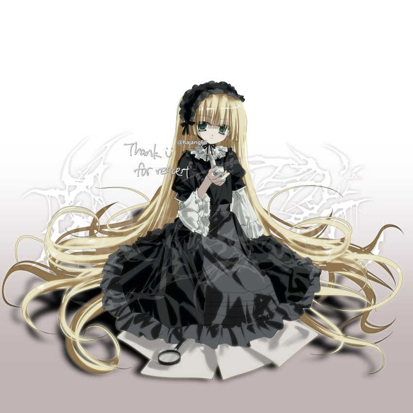 1girl absurdres black_dress black_hairband blonde_hair closed_mouth commission dress frilled_dress frilled_hairband frills full_body gosick gothic_lolita gradient_background green_eyes hairband hajang68 hand_up highres holding holding_smoking_pipe lolita_fashion lolita_hairband long_dress long_hair long_sleeves looking_at_viewer magnifying_glass shadow sitting smoking_pipe solo twitter_username very_long_hair victorica_de_blois watermark