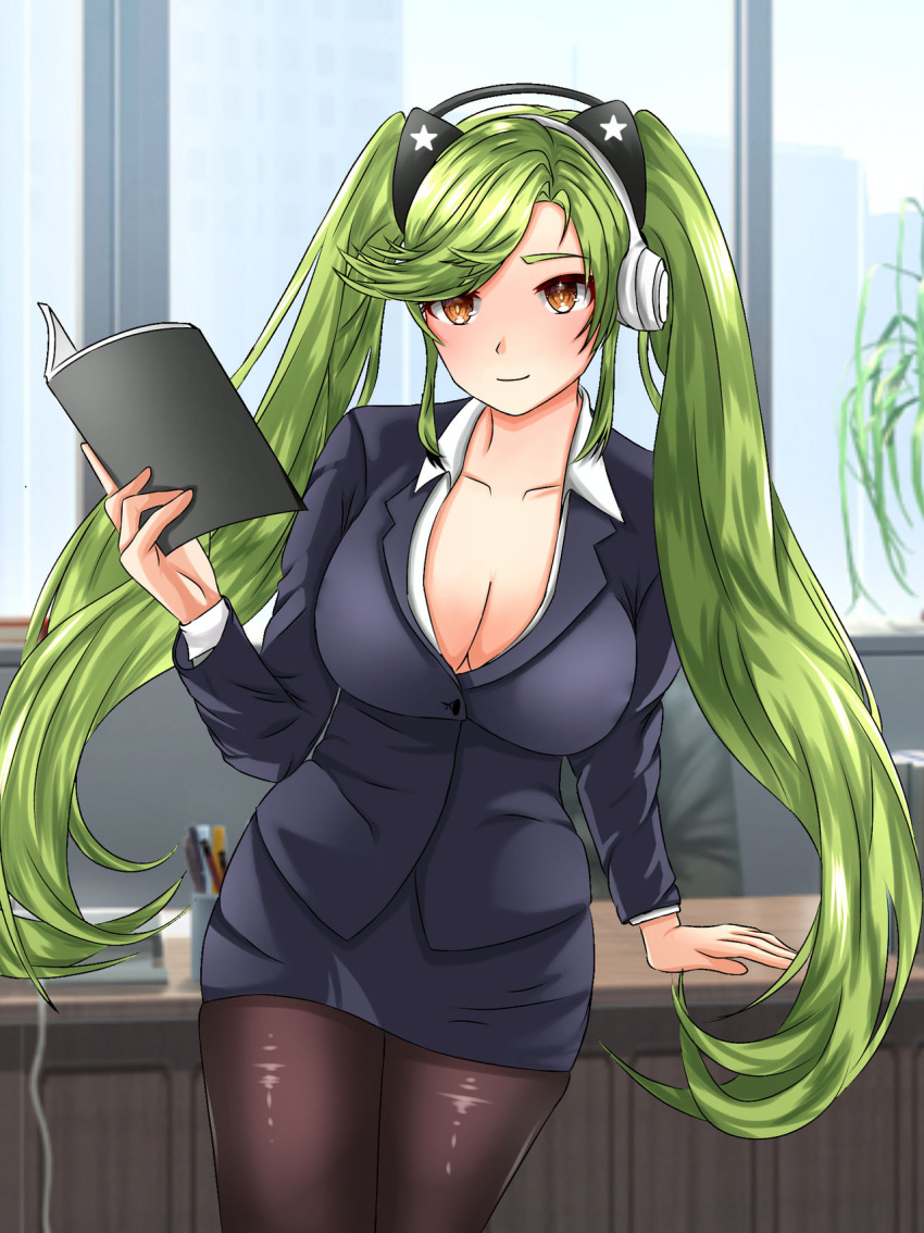 ahomushi994 book breasts chameleon earphones girls_frontline green_hair highres large_breasts magal_(girls'_frontline) micro_galil office_lady office_room twintails yellow_eyes