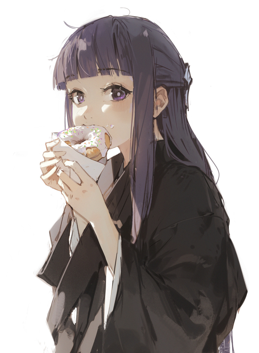 1girl absurdres blunt_bangs dino_(dinoartforame) doughnut eating fern_(sousou_no_frieren) food highres holding holding_food light_blush long_hair looking_at_viewer purple_hair sidelocks simple_background solo sousou_no_frieren upper_body violet_eyes white_background wide_sleeves