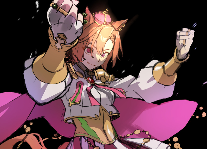 1girl animal_ears arms_up black_background breasts cape clenched_hands crown ear_piercing fingerless_gloves gloves hair_between_eyes horse_ears horse_girl horse_tail jewelry long_sleeves looking_at_viewer mini_crown nanaheibei_3 orange_hair orange_tail piercing pink_cape red_eyes ring short_hair simple_background skirt smile solo t.m._opera_o_(umamusume) tail umamusume upper_body violet_eyes