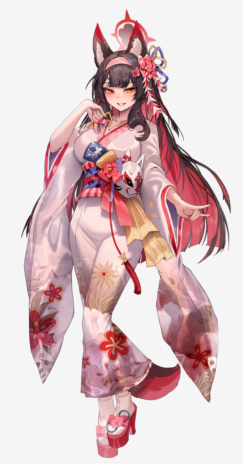 1girl absurdres animal_ear_fluff animal_ears black_hair blue_archive colored_inner_hair eyeshadow fox_ears fox_girl fox_mask fox_tail hairband halo highres japanese_clothes kimono looking_at_viewer makeup mask multicolored_hair petals pink_kimono pink_theme red_eyeshadow red_halo simple_background smile socks solo tail tail_ornament wakamo_(blue_archive) white_background white_hairband yellow_eyes zerocat
