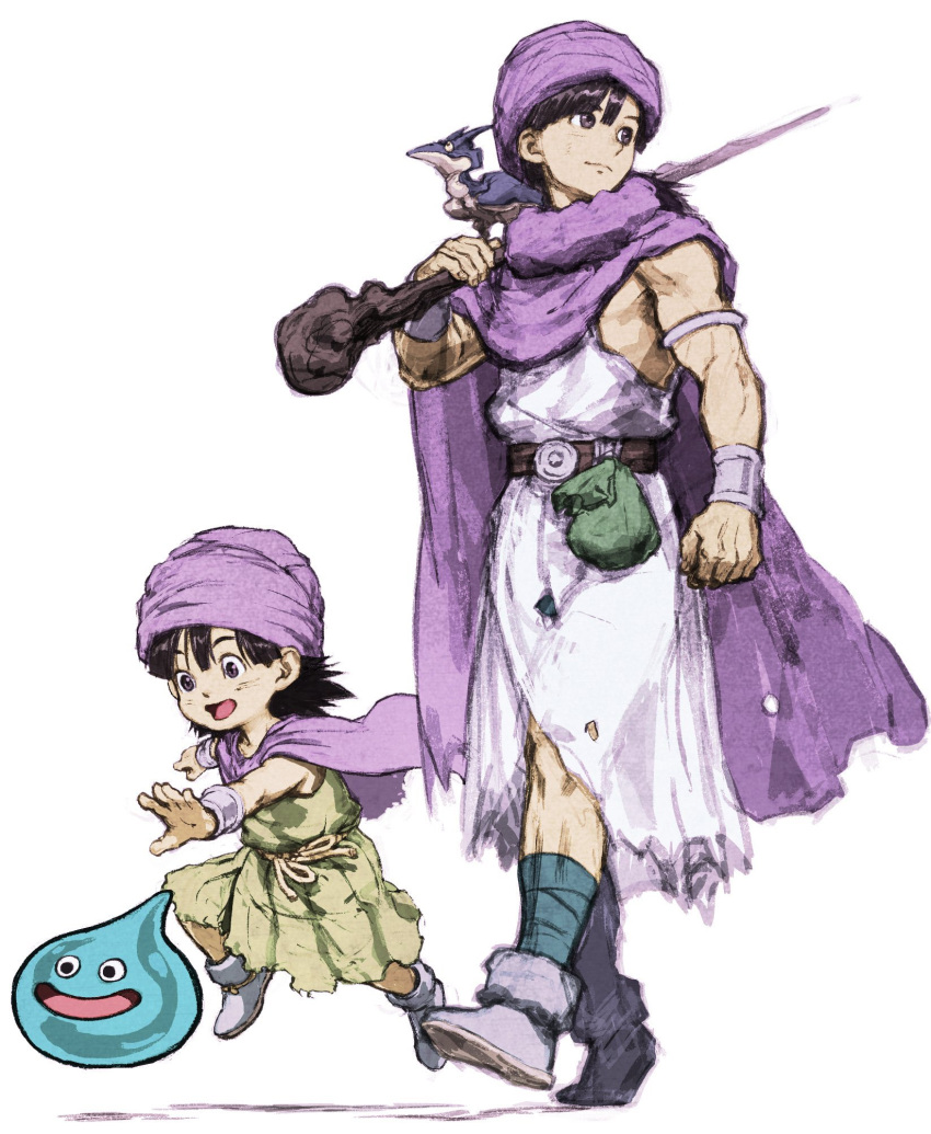 2boys bandaged_leg bandages belt belt_pouch black_hair cape clenched_hand cloak commentary_request dragon_quest dragon_quest_v father_and_son hero's_son_(dq5) hero_(dq5) highres holding holding_staff iwamoto_tatsurou looking_to_the_side male_focus multiple_boys muscular muscular_male pouch purple_cape purple_cloak slime_(dragon_quest) staff turban violet_eyes walking