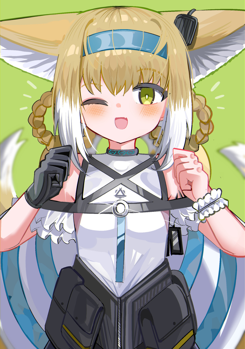 1girl ;d animal_ear_fluff animal_ears arknights bare_shoulders black_gloves blue_hairband blush braid breasts brown_hair commentary dated_commentary fang fox_ears fox_girl fox_tail gloves green_background green_eyes hair_between_eyes hair_rings hairband hands_up highres looking_at_viewer multicolored_hair one_eye_closed shirt simple_background small_breasts smile solo spam_(spamham4506) suzuran_(arknights) tail twin_braids two-tone_hair white_hair white_shirt