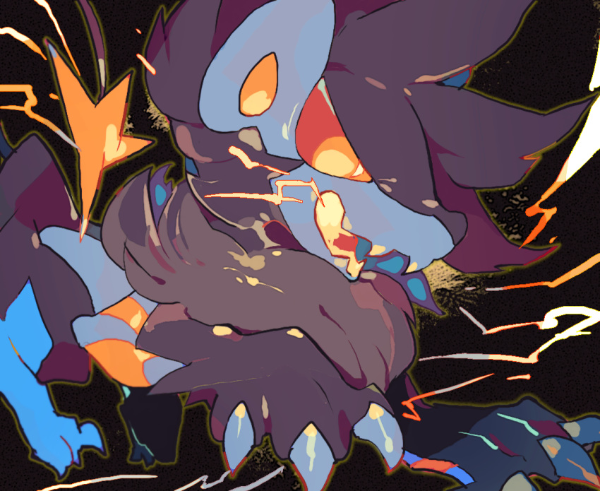 akadako animal_focus bags_under_eyes black_background bright_pupils claws commentary_request dated_commentary electricity fangs glowing_mouth looking_to_the_side luxray neck_fur no_humans one-hour_drawing_challenge open_mouth orange_eyes outline partial_commentary pokemon pokemon_(creature) skin_fangs solo white_pupils yellow_outline