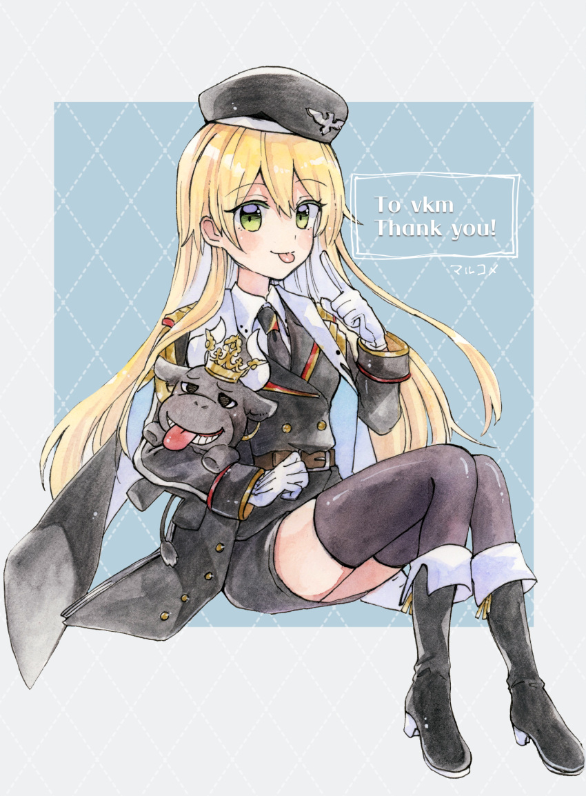 1girl 2zuz4hru belt black_footwear black_thighhighs blonde_hair boots brown_belt commission crown full_body girls_frontline gloves green_eyes highres holding holding_stuffed_toy long_hair looking_at_viewer military_uniform painting_(medium) pointing simple_background sitting smile stg44_(girls'_frontline) stuffed_animal stuffed_toy thank_you thigh-highs tongue tongue_out traditional_media uniform watercolor_(medium) white_gloves