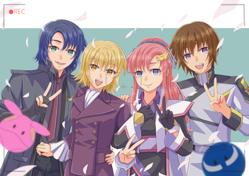 2boys 2girls absurdres athrun_zala black_gloves black_kimono blonde_hair blue_eyes blue_hair brother_and_sister brown_hair cagalli_yula_athha gloves green_eyes grey_jacket group_picture gundam gundam_seed gundam_seed_freedom hair_ornament hand_on_another's_hip hand_on_another's_shoulder haro highres jacket japanese_clothes kimono kira_yamato lacus_clyne locked_arms looking_at_viewer military_uniform multiple_boys multiple_girls necktie pant_suit pants pink_hair recording red_necktie siblings smile suit twins uniform user_kunf8626 v viewfinder violet_eyes yellow_eyes