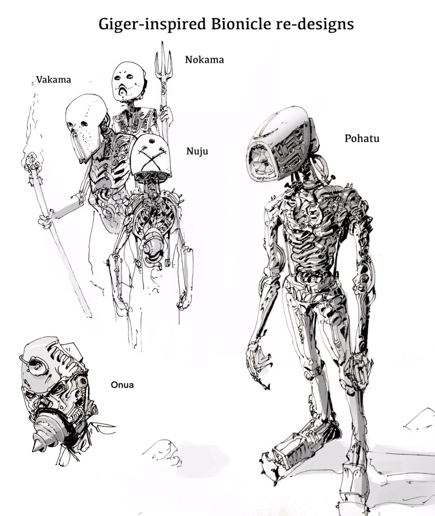 bionicle character_name clenched_hands drill english_commentary english_text fire greyscale h.r._giger_(style) highres holding holding_staff humanoid_robot kanohi_(bionicle) looking_down mantleheart mask monochrome no_humans nokama_(bionicle) nuju_(bionicle) onua_(bionicle) polearm redesign robot shadow staff the_lego_group trident turbine vakama_(bionicle) weapon